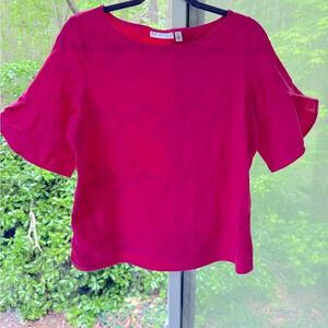 Rafaella L Pink Top w/Embroidered Paisley design. Round neck, flounce elbow.